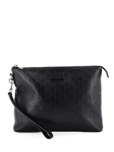 Pre-owned Gucci Signature Soft Wristlet Ssima Leather Clutch Bag In Black