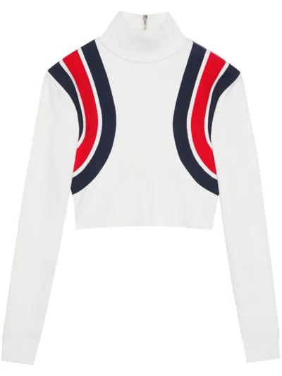 GUCCI SIGNATURE WEB DETAIL HIGH-NECK JUMPER IN WHITE/NAVY BLUE/SCARLET FOR WOMEN