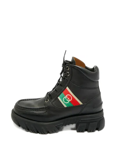 Pre-owned Gucci Signature Web Detailing Leather Boots In Black