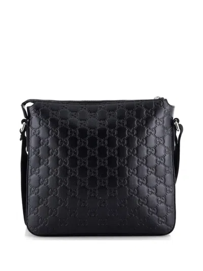 Pre-owned Gucci Signature Zip Messenger Bag Ssima Leather Small Crossbody Bag In Black