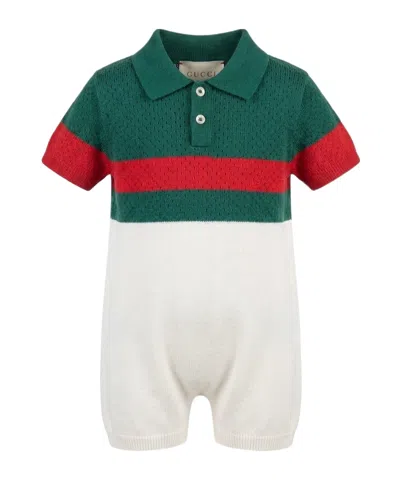 Gucci Kids' Signature-stripe Eyelet-detailing Romper In Green