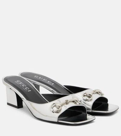 Gucci Signora Horsebit Metallic Leather Mules In Silver