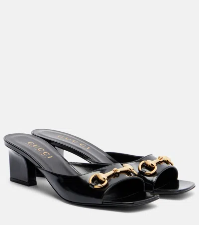 Gucci Signora Horsebit Patent Leather Mules In Black