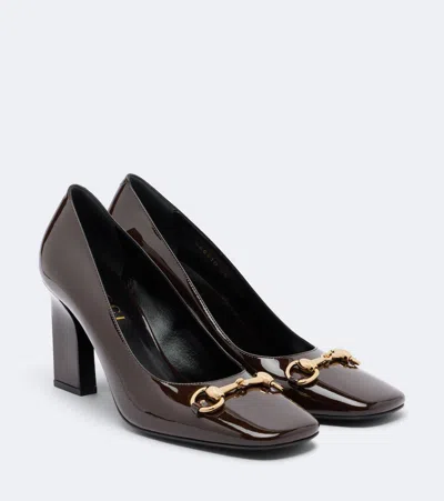 Gucci Signora Horsebit Patent Leather Pumps In Brown