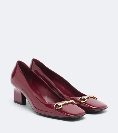 Gucci Signora Horsebit Patent Leather Pumps In Burgundy