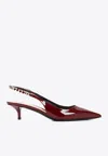 Gucci Signoria Patent Logo Chain Kitten Pumps In Burgundy