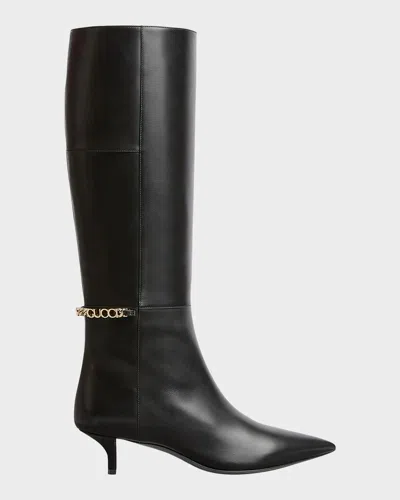 Gucci Signoria Leather Logo Chain Tall Boots In Black