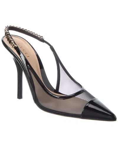 Gucci Signoria Mesh & Patent Slingback Pump In Black