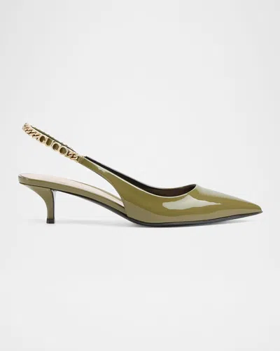 Gucci Signoria Patent Logo Chain Kitten Pumps In 3706 Moss