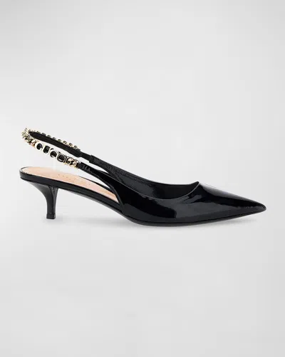 GUCCI SIGNORIA PATENT LOGO CHAIN KITTEN PUMPS