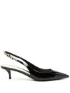 Gucci Signoria Patent Logo Chain Kitten Pumps In Black
