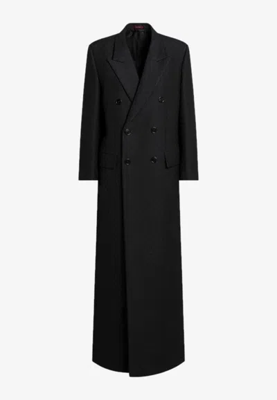Gucci Silk And Wool Jacquard Gg Double-breasted Coat In Black