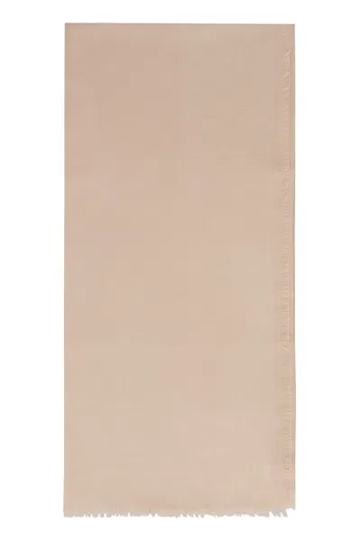 Gucci Gg Logo Silk And Wool Jacquard Scarf With Fringed Edges In Brown