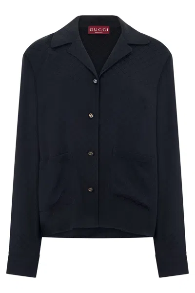 Gucci Blue Notched Lapel Diamond Pattern Shirt