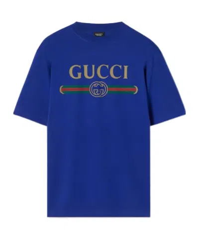 Gucci Silk Blend Jersey T-shirt With Print In Blue