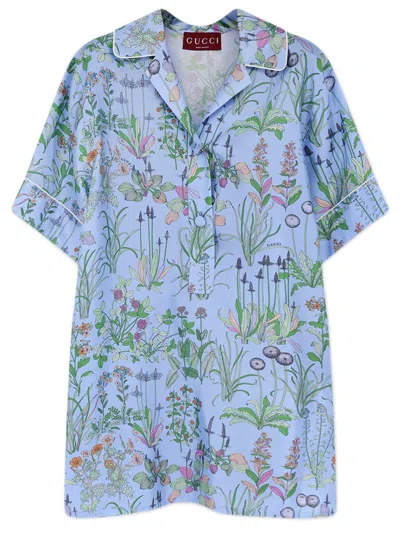 Gucci Silk Bowling-collar Short-sleeve Top With Covered Button Closure In Blue