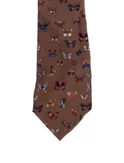 Pre-owned Gucci Silk Butterfly Patterned Tie In Brown