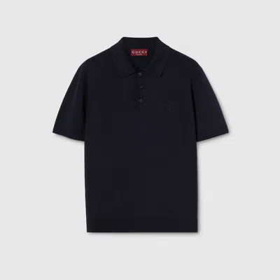 Gucci Men Dark Blue Stretch Cotton Pique Embroidered Polo Shirt In Black