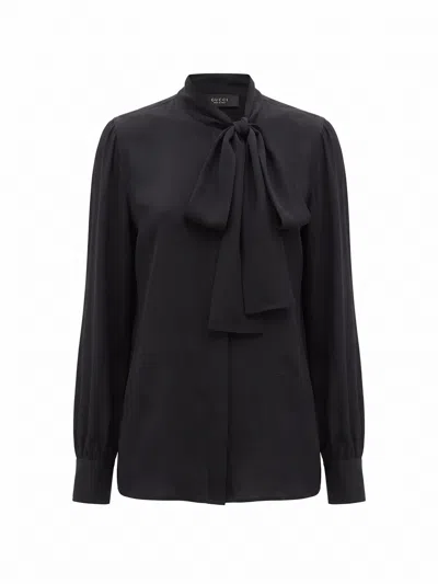 Gucci Silk Crepe De Chine Shirt With Self-tie Bow In Black