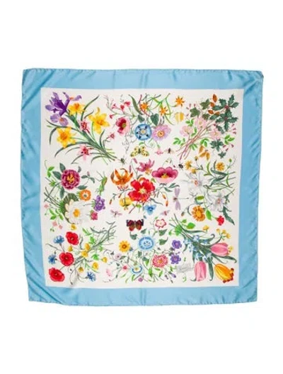 Pre-owned Gucci Silk Flora Print Scarf In Blue