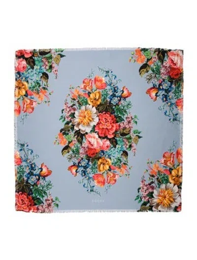 Pre-owned Gucci Silk Flora Print Scarf In Blue