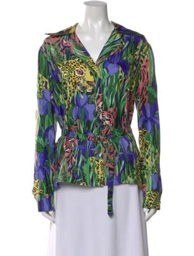 Pre-owned Gucci Silk Floral Print Blouse In Green