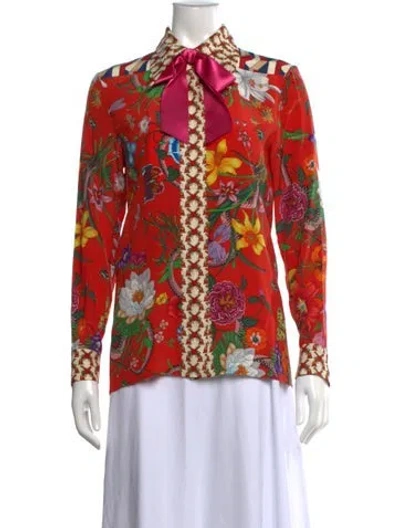 Pre-owned Gucci Silk Floral Print Blouse W/ Tags In Red