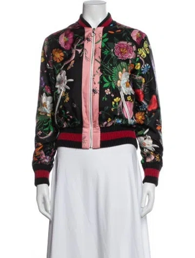 Pre-owned Gucci Silk Floral Print Bomber Jacket In Black