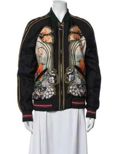 Pre-owned Gucci Silk Floral Print Bomber Jacket In Black