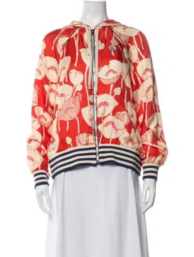 Pre-owned Gucci Silk Floral Print Bomber Jacket In Orange