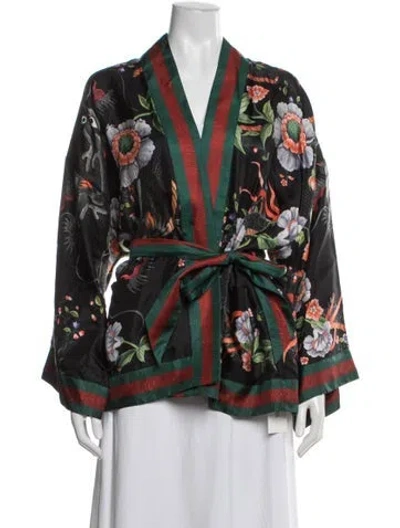 Pre-owned Gucci Silk Floral Print Robe In Black