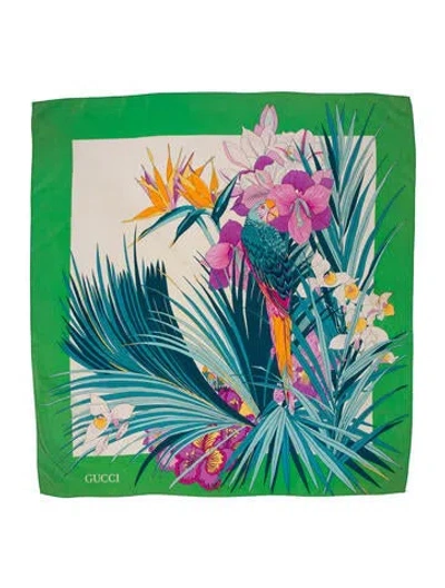 Pre-owned Gucci Silk Floral Print Scarf In Green