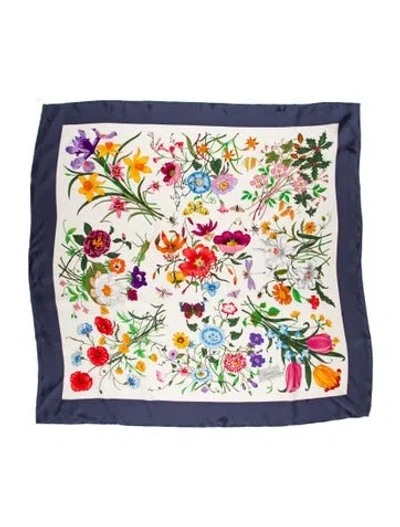 Pre-owned Gucci Silk Floral Print Scarf W/ Tags In Neutral