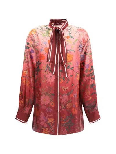 Gucci Bordeaux Shirt With Collar With Bow And All-over Flora Print In Silk Woman In Multi
