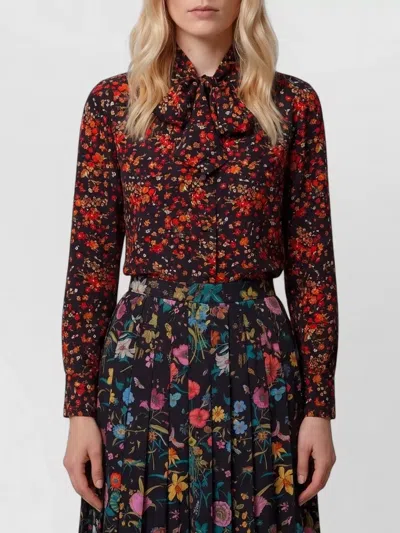 Gucci Silk Floral-print Tie-neck Long-sleeve Shirt In Brown
