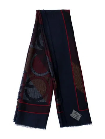 Pre-owned Gucci Silk Gg Logo Scarf In Blue