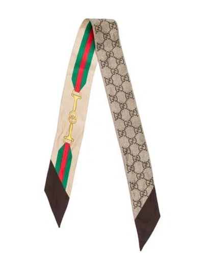 Pre-owned Gucci Silk Gg Logo Scarf In Brown