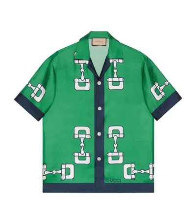Gucci Silk Horsebit Print Shirt In Green
