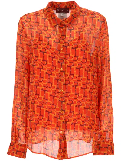Gucci Silk Horsebit Print Shirt In Orange Red