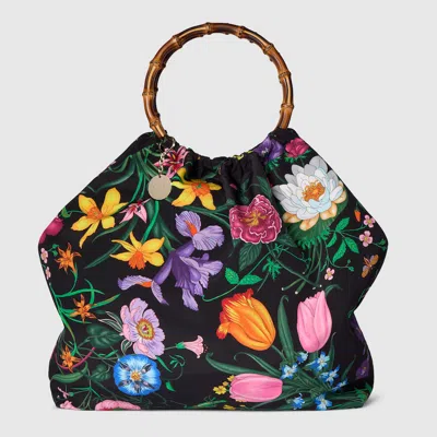 Gucci Silk Maxi Tote Bag With Bamboo Handle In Black