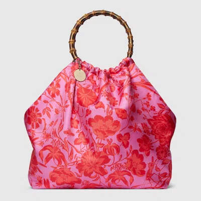 Gucci Silk Maxi Tote Bag With Bamboo Handle In Red