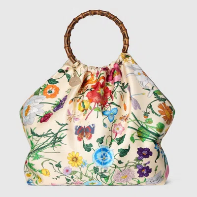 Gucci Silk Maxi Tote Bag With Bamboo Handle In Neutral