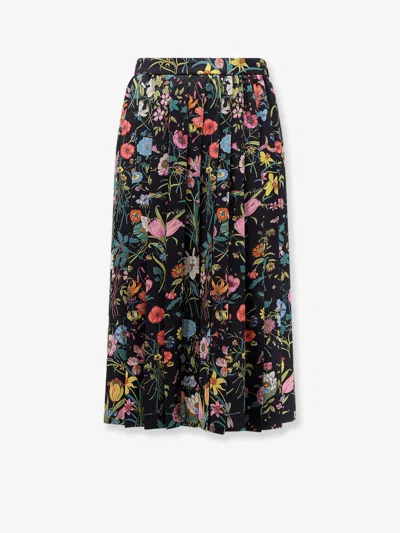 Gucci Silk Midi Skirt With Floral Print In Black