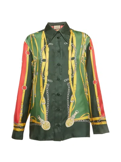 Pre-owned Gucci Silk Printed Shirt In Green