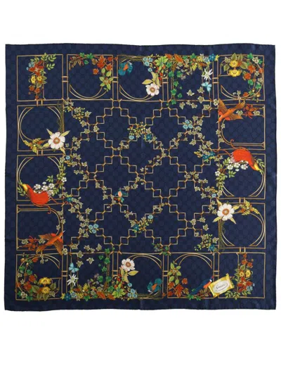 Gucci Multicolor Floral And Geometric Silk Scarf In Blue