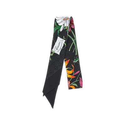 Gucci Silk Scarf With Flora Motif In Black