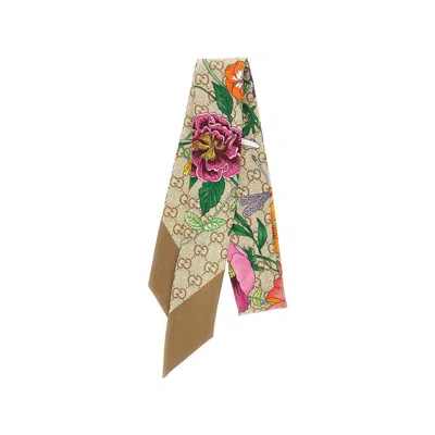 Gucci Silk Scarf With Flora Motif In Sand