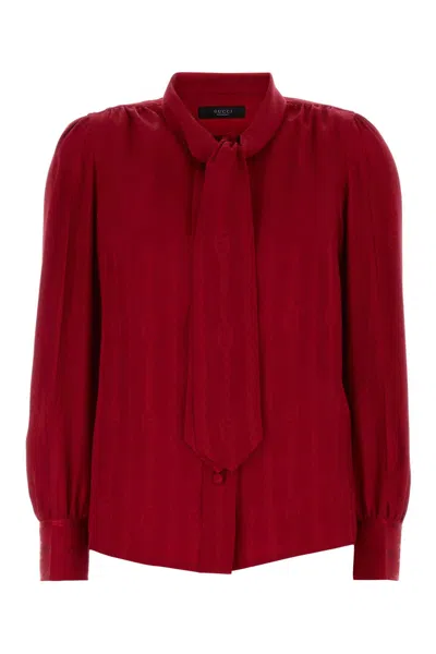 Gucci Red Silk Jacquard Shirt With Interlocking Gg Chain Motif