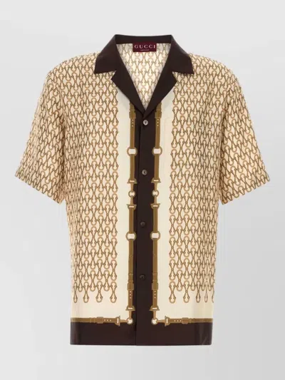 Gucci Silk Shirt Short Sleeves Contrast Trim Print In Brown