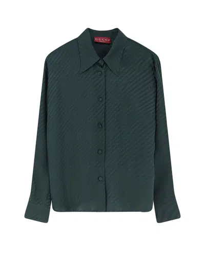 Gucci Women Silk Shirt With Diagonal Motif In Green